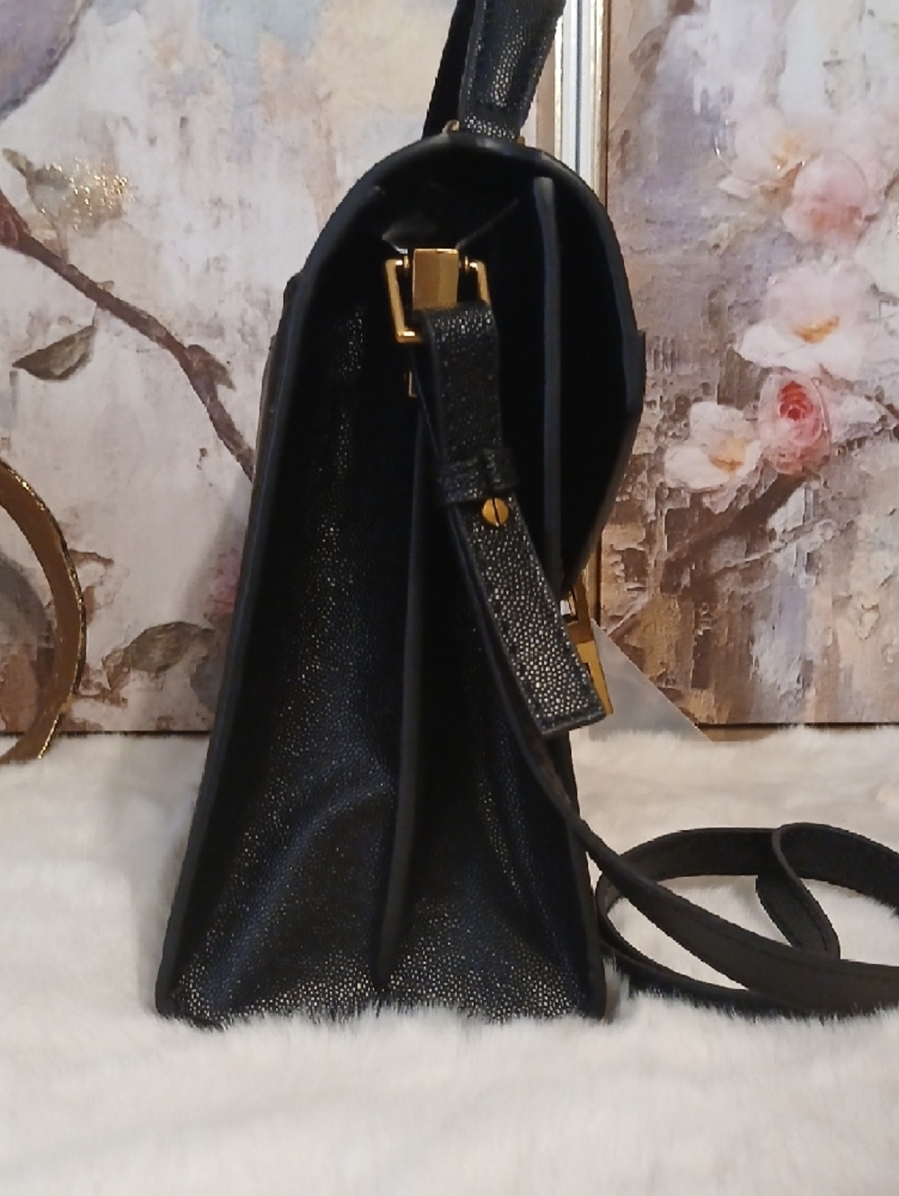 Saint Laurent Black Top-Handle Satchel with Gold YSL Monogram Lock - Picture 9 of 12